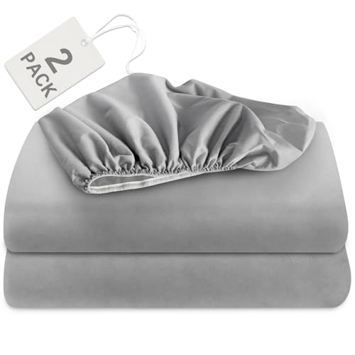 Biloban Twin Fitted Sheet 2 Pack, Twin Bedding Fitted Sheets Only with Deep Pocket up to 14", Bottom Sheet, Shrinkage & Stain Resistant Bed Sheets, Wrinkle Free & Easy Care, Grey Biloban