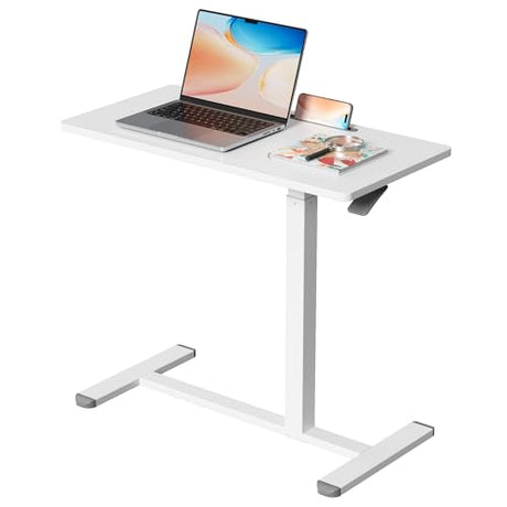 Gibbon Mounts Medical Adjustable Overbed Bedside Table, 32 Inch Pneumatic Mobile Standing Desk with Hidden Wheels, Rolling Laptop Cart for Home, Hospital, White Gibbon Mounts