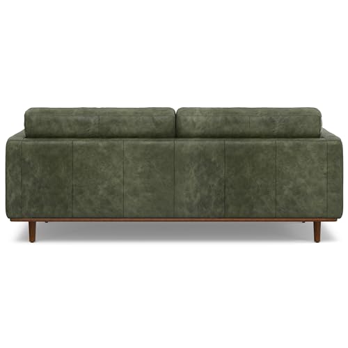 SIMPLIHOME Morrison 89-inch Wide Sofa in Moss Green Genuine Leather, Mid-Century Modern Design Couch for Living Room, Single Bench Cushion, 2 Back Cushions, 2 Bolster Pillows SIMPLIHOME
