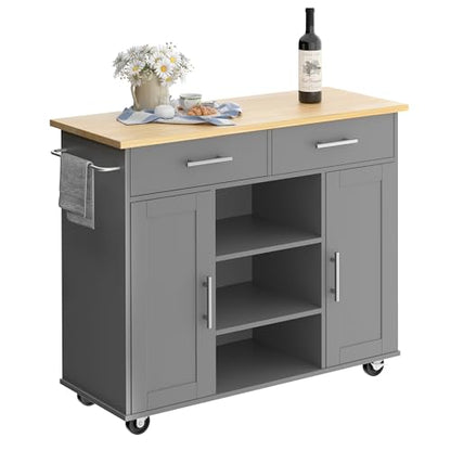 Shintenchi Kitchen Island with Storage, Kitchen Island Cart on Wheels with 3 Open Shelves, 2 Drawers and 2 Cabinets, Rolling Kitchen Table with Large Countertop, Gray