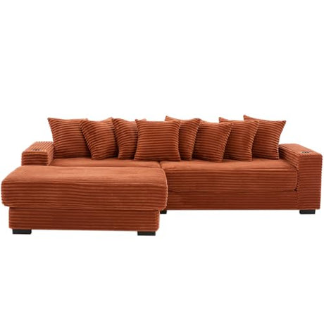 Modular L Shaped Sectional Couch Sofa with Movable Footstool, Cup Holders, 8 Pillows, Side Pockets, Converts to Bed, 110.75 Inch Corduroy Fabric for Living Room,Orange Generic