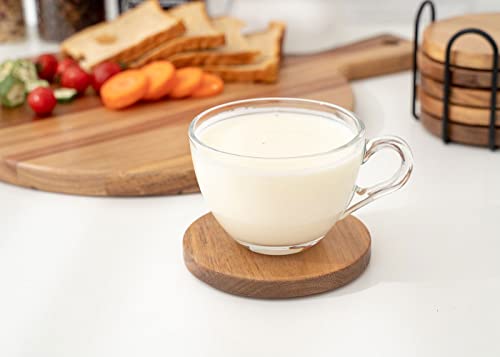 Wood Coasters for Drinks Tabletop Protection with Holder Set of 6, Acacia Wooden Coasters for Coffee Table Dining Table Desk Round with Non-Slip Pad Cup Coasters for Home Office Christmas Decor 4 Inch WLWNWFT