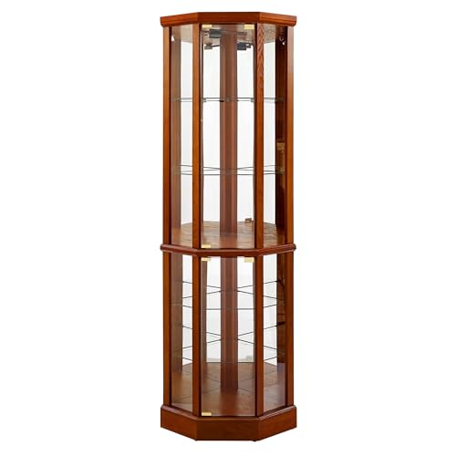 6 Shelf Lighted Corner Curio Cabinet with Adjustable Tempered Glass Shelves and Mirror Back, Oak(E26 Light Bulb not Included) WoodArtSupply