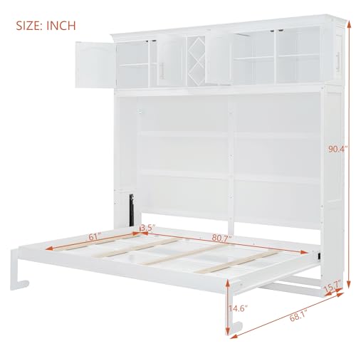 Merax Queen Size Murphy Wall Bed, with Top Cabinets & Wine Rack Space-Saving Foldable Ideal for Guest Rooms, Home Offices, Small Apartments, White Merax