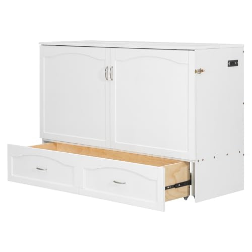 MERITLINE Queen Size Murphy Bed with Storage Drawer Wood Home Office Wall Bed Cabinet with Sockets & USB Ports, Space-Saving for Multipurpose Guest Room White MERITLINE