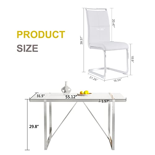 Dining Table Set for 4，White Rectangular MDF Kitchen Table and Leather Dining Chairs Set of 4, 5 Piece Dining Table Set，Modern Metal Frame Dining Room Table Set 4 with Metal Frame For Kitchen Ebullient