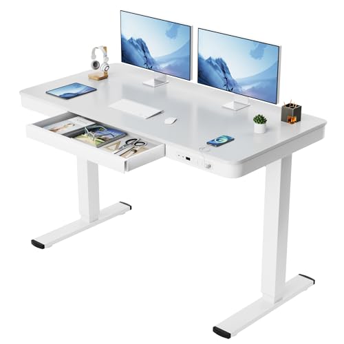 Furmax Electric Standing Desk with Drawer 48 x 24 Inch Adjustable Height Stand up Desk One-piece Board Pre-assembled Home Office Computer Desk with USB Ports, White - WoodArtSupply