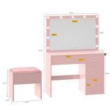DWVO Vanity Desk with Large Mirror and Lights, Makeup Vanity Set with 11 LED Bulbs and Power Outlet, 4 Storage Drawer, Dressing Table with 3-Color Adjustable Lighting, Vanity Stool, Pale Pink DWVO