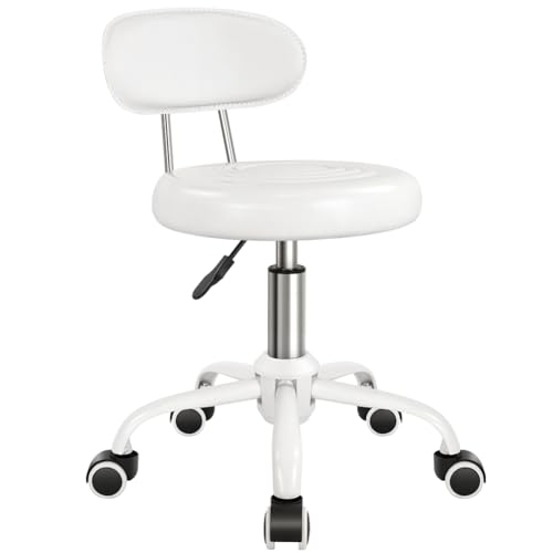 WKWKER Rolling Stool with Wheels Swivel Stool with Back Height Adjustable Chair PU Leather Rolling Chair Ideal for SPA Salon Home Office Drafting Work (White) WKWKER
