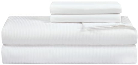Royale Linens 300 Thread Count 100% Long Staple Combed Cotton Stripe Sheet Set - 4 Piece Queen Bed Sheets - 1 Fitted, 1 Flat & 2 Pillow cases - Soft Cool & Crisp Sheet Set (Queen, Narrow Stripe White) ROYALE LINENS