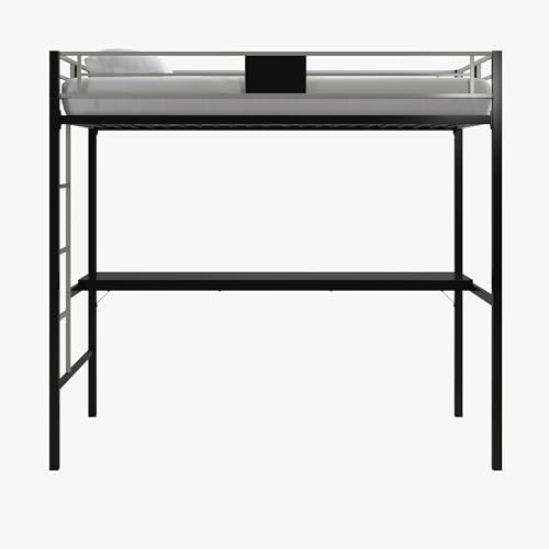 DHP Silver Twin Metal Loft Bunk Bed with Desk and Ladder, Ideal Space-Saving Design