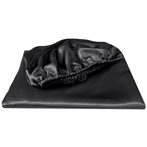 HommxJF Silk Satin Black Full Fitted Sheet, Deep Pocket Fitted Sheet Only, Breathable, Non- Fading, Fully Elasticized Bed Sheets Sold Separately HommxJF
