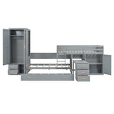 YOPTO Twin Size Bunk Bed with Trundle,Wardrobe,Desk,2 Cabinets and 5 Drawers,Multifunctional Wood Bed Frame W/Integrated Ladder,Safety Guardrails & Slats Support,Easy Assembly,for Kids,Teens,Gray YOPTO