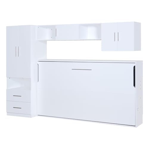 FAVSH Twin Size Murphy Bed Built-in Wardrobe and Table, Fold-The-Way Bed,with Open Shelves and Storage Drawers,Space-Saving Hidden Bed,Wall Bed for Bedroom.White FAVSH
