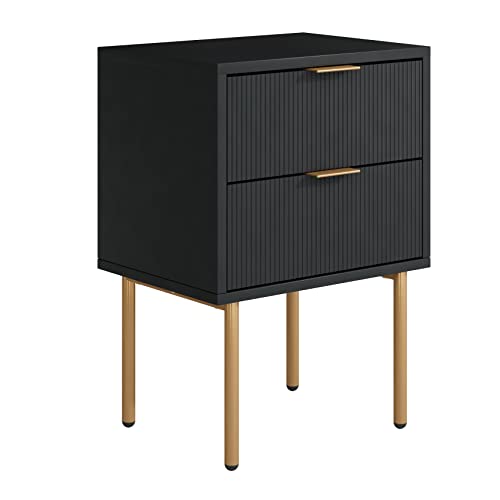 Masupu Nightstand,Mid-Century Modern Bedside Table with 2 Storage Drawer,Small Gold Frame Side End Table for Bedroom,Living Room, Black Masupu