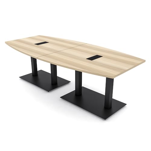 Harmony Series 8 Person Boat Shaped Conference Table with Power & Data | Matte Black Square Metal Base Modular Meeting Room Tables for Offices, Training Rooms, and Homes | Blonde Surfside Ash – 8ft SKUTCHI DESIGNS INC.