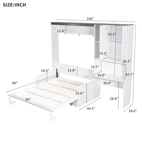 Murphy Bed with Sofa, 3-in-1 Space Saving Wall Bed with Built-in Fold-Out Desk, Storage Cabinet, and Comfortable Cushions (Queen Size) QVUUOU