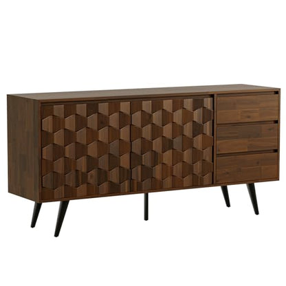 Bme 61'' Mid Century Modern Cabinet with Geometric Pattern for Kitchen, Dining, Living Room Sideboard Georgina Solid Wood 2 Doors & 3 Drawers, Walnut