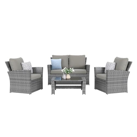 Amopatio 4 Pieces Outdoor Patio Furniture Set,Wicker Sectional Sofa Outdoor Patio Set Outdoor Rattan Patio Furniture, Patio Conversation Sets with Cushion, Grey Amopatio