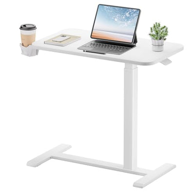 GTPLAYER Small Standing Desk with Hidden Wheels, Pneumatic Mobile Rolling Laptop Desk, Adjustable Height Overbed Bedside Table Computer Workstation for Home Office (28" W x 16" D, White)