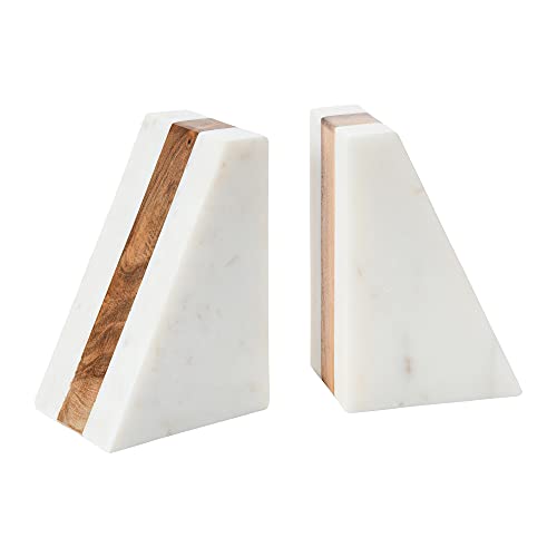 Main + Mesa Marble Geometric Bookends with Wood Inlay, White Main + Mesa