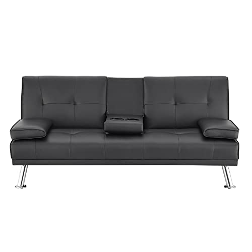Naomi Home Black Futon Sofa Bed Faux Leather Futon Couch with Armrest and 2 Cupholders Pull Out Sofa Bed Couch with Metal Legs Reclining Small Bed Black Couches for Living Room Naomi Home