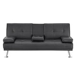 Naomi Home Black Futon Sofa Bed Faux Leather Futon Couch with Armrest and 2 Cupholders Pull Out Sofa Bed Couch with Metal Legs Reclining Small Bed Black Couches for Living Room Naomi Home