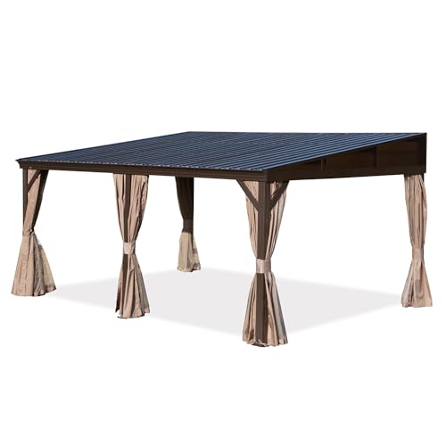 DOMI 12x16FT Lean to Gazebo, Outdoor Hardtop Wall Mounted Gazebo with Sloping Galvanized Steel Roof, Durable Aluminum Frame, Netting Curtain for Deck, Porch, Backyard domi outdoor living