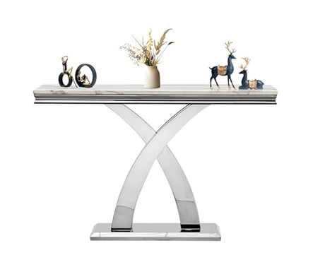 Henf Faux Marble Luxury Console Table with X-Shape Steel Base, 47in Marble Top Narrow Table Console Sofa Table Behind Couch for Living Room, White Mable Entryway Table Foyer Table for Entrance Henf