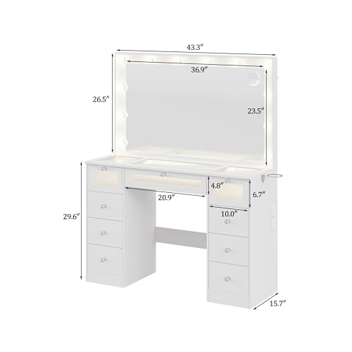 IFSEB Makeup Vanity Desk with LED Lights and Large 36.9’’ Mirror, 9 Drawers Vanity with Glass Top & 3 Color Hollywood Bulbs, Make Up Vanity with Charging Station & Crystal Knobs for Woman, White IFSEB
