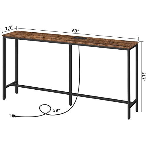 MAHANCRIS 63" Console Table with Power Outlet, Narrow Sofa Table, Industrial Entryway Table with USB Ports, Behind Couch for Entryway, Hallway, Foyer, Living Room, Bedroom, Rustic Brown CTHR16E01Z MAHANCRIS