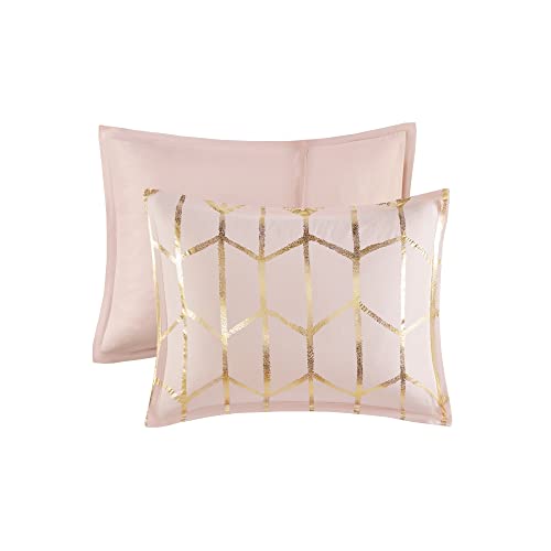 Intelligent Design Raina King/Cal King Comforter Set, Soft Microfiber, Modern Geometric Metallic Bed Set, 5 Pieces College Bedding with 2 Shams, 2 Toss Pillows Blush/Gold Intelligent Design