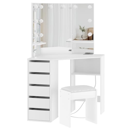 Knowfunn Corner Vanity Desk Set with 3-Folding Lighted Mirrors, Makeup Vanity Table with Charging Station, 5 Rotating Drawers and Storage Bench for Bedroom, White Knowfunn