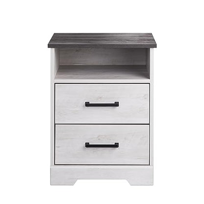 Prepac Rustic Ridge Farmhouse Nightstand with 2 Drawers and an Open Cubby, Wooden Bedside Table for Bedroom, Office, or Living Room, 16.25in x 18.75in x 24.5in, Washed White - WoodArtSupply