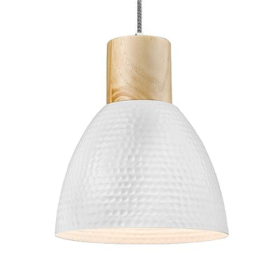 ELYONA Modern Pendant Light Fixtures, 10.2” Hammered Metal & Rubber Wood Island Hanging Lamp, Adjustable Height, Pendant Lighting for Kitchen,Farmhouse Bar,Dining Room,Bedroom, Nordic White