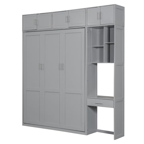 Harper & Bright Designs Queen Size Murphy Bed with Desk, Storage Cabinet & Shelves, Foldable Wooden Wall Bed, Space-Saving, Grey Harper & Bright Designs