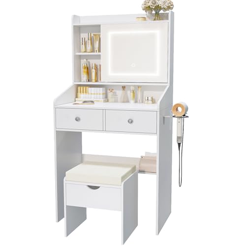 Viaozutis Vanity, Small Vanity Desk with Sliding Mirror, Dimmable LED Lights, 2 Drawers,Vanity Table Ideal for Bedroom (White) Viaozutis