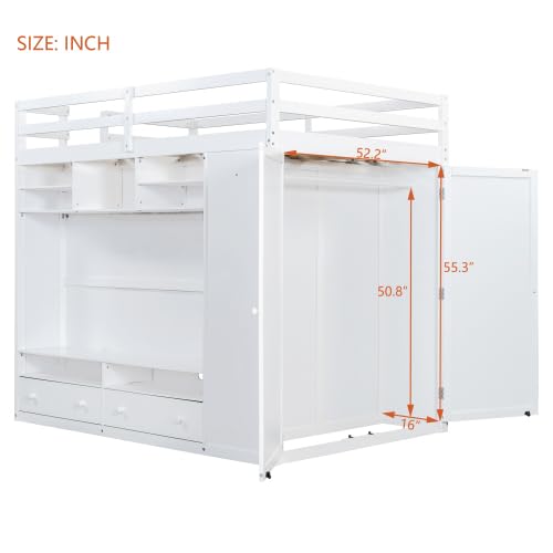Harper & Bright Designs Full Size High Loft Bed with Drawers & Shelves, Wooden Loft Bed Frame with Wardrobe & LED Light for Kids & Teens (White) Harper & Bright Designs