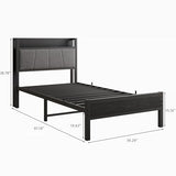 BOFENG Twin Bed Frame with Storage Headboard/USB Charging Station,Heavy Duty Metal Upholstered Single Platform Bed Frame Twin Size No Box Spring Needed,Heavy Duty Metal Slats,Noise Free,Black BOFENG