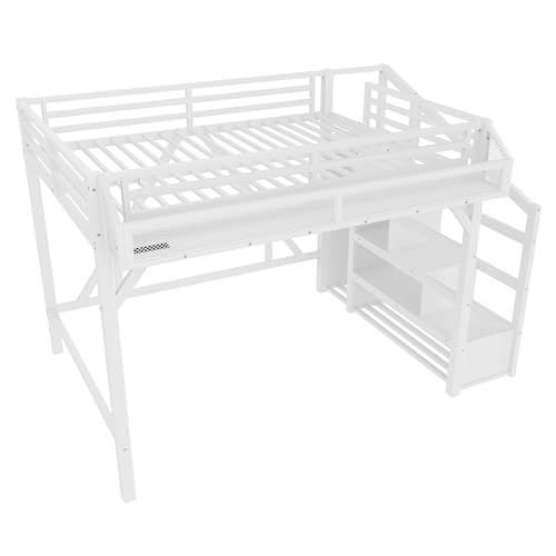 Bellemave Metal Full Size Loft Bed with Stairs and Wardrobe,Heavy Duty Loft Bed Frame with LED Lights and Charging Station for for Kids,Teens,Adults,White Bellemave