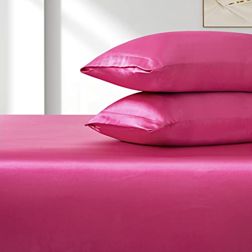 VACVELT 3pcs Extra Deep Pocket Satin Fitted Sheet Set Full Bed Set, Hot Pink Bottom Sheet Fit 18-24 Inch Deep Pocket Mattress, Silky Bedding Set Soft & Ultra Deep Fitted Sheet & 2 Pillowcase VACVELT