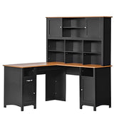 HOMCOM L Shaped Computer Desk with Hutch, 59" Corner Desk, Space Saving Home Office Desk with Storage Shelves, Drawer and Cabinet, Black HOMCOM