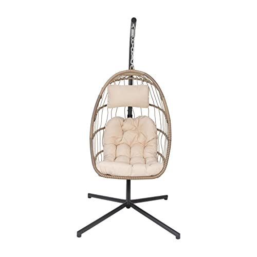 Taylor & Logan Corbin Natural Patio Hanging Wicker Egg Chair with Cream Plush Seat Cushions & Swing Stand for Indoor/Outdoor Use Taylor & Logan