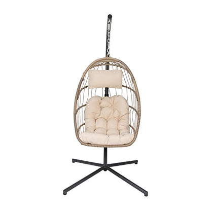 Taylor & Logan Corbin Natural Patio Hanging Wicker Egg Chair with Cream Plush Seat Cushions & Swing Stand for Indoor/Outdoor Use - WoodArtSupply