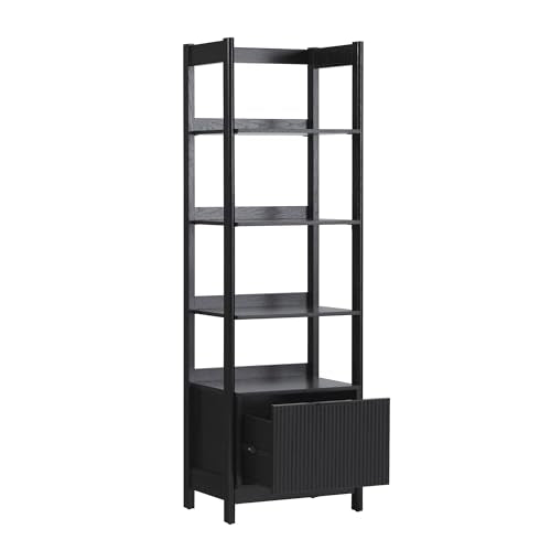 Walker Edison Modern Narrow Open Bookshelf with Drawer – 22 Inch, One-Drawer Black - WoodArtSupply