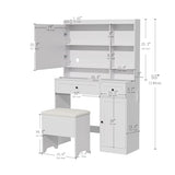 Hogxp Vanity Table with Hidden Storage & LED Mirror - Includes Padded Stool, 5 Compartments, 2 Drawers & 1 Storage Cabinet - Ideal Bedroom Makeup Dressing Table White Hogxp