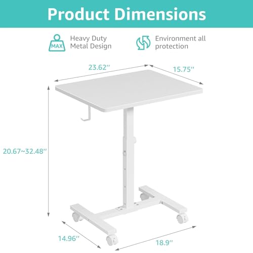 WINAZ Small White Standing Rolling Desk - 24 Inch Portable Mobile Stand Up Kids Desk Adjustable Height with Wheels for Small Spaces, Couch Laptop Desks Side End Table for Home Office, White WINAZ