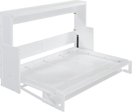 Full Horizontal Murphy Bed with Desk,Solid Wood Folding Hideaway Murphy Wall Bed for Adult,Guest Room (White) MERITLINE