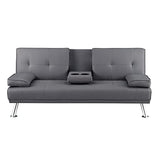 Naomi Home Transform Your Living Space with Comfort Gray Futon Sofa Bed with Armrest Cupholders Reclining Function Ideal for Cozy Living Rooms Sofa Bed Couch Metal Legs Faux Leather Naomi Home