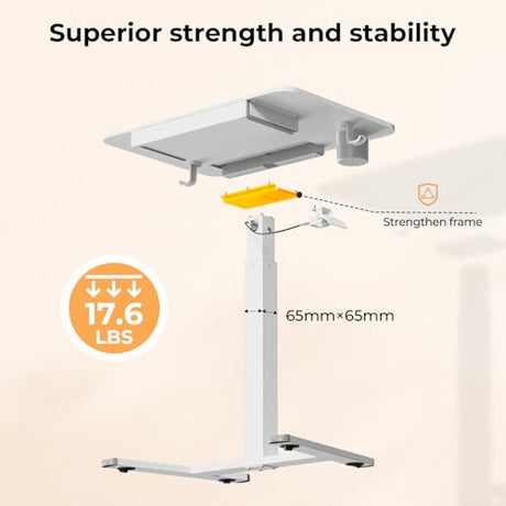 JYLH JOYSEEKER Mobile Standing Desk with Drawer, 28" Rolling Desk with Cup Holder and Hooks, Portable Laptop Cart on Wheels, Height Adjustable Workstation with Storage for Home Office, White JYLH JOYSEEKER